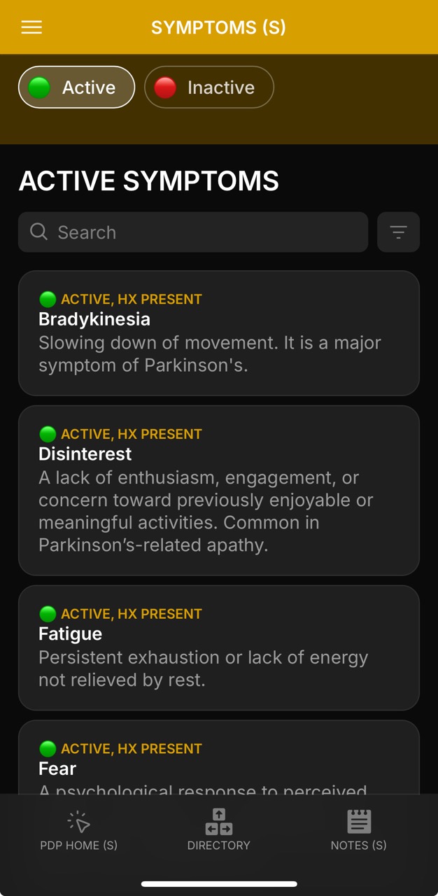 Symptoms Page (Active Symptoms)
